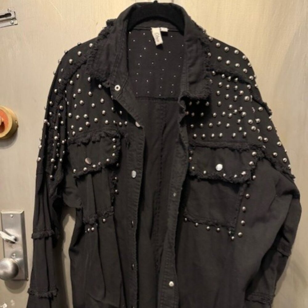 Elan Studded Distressed Black Chambray Denim Shacket - NWOT - Picture 8 of 16